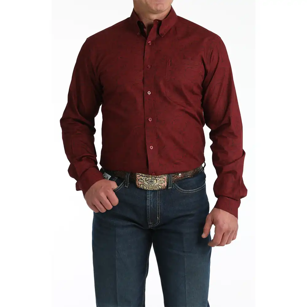 cinch long sleeve men's western shirt in burgundy