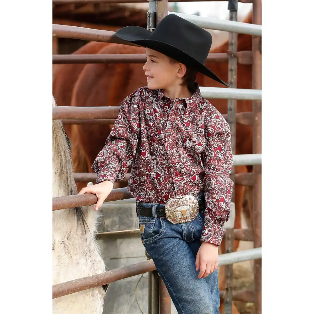 long sleeve boy's western shirt in burgundy paisley