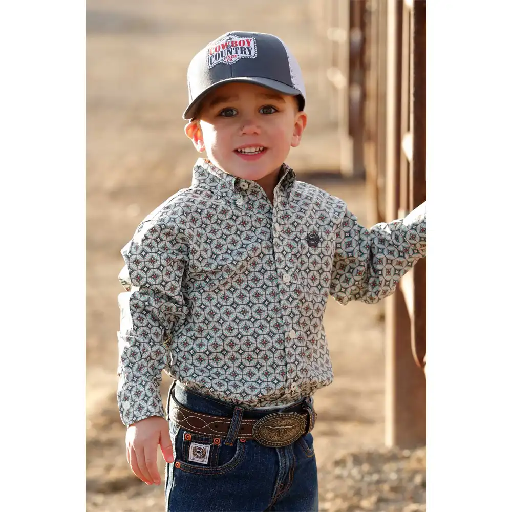 long sleeve toddler western shirt in cream patterned