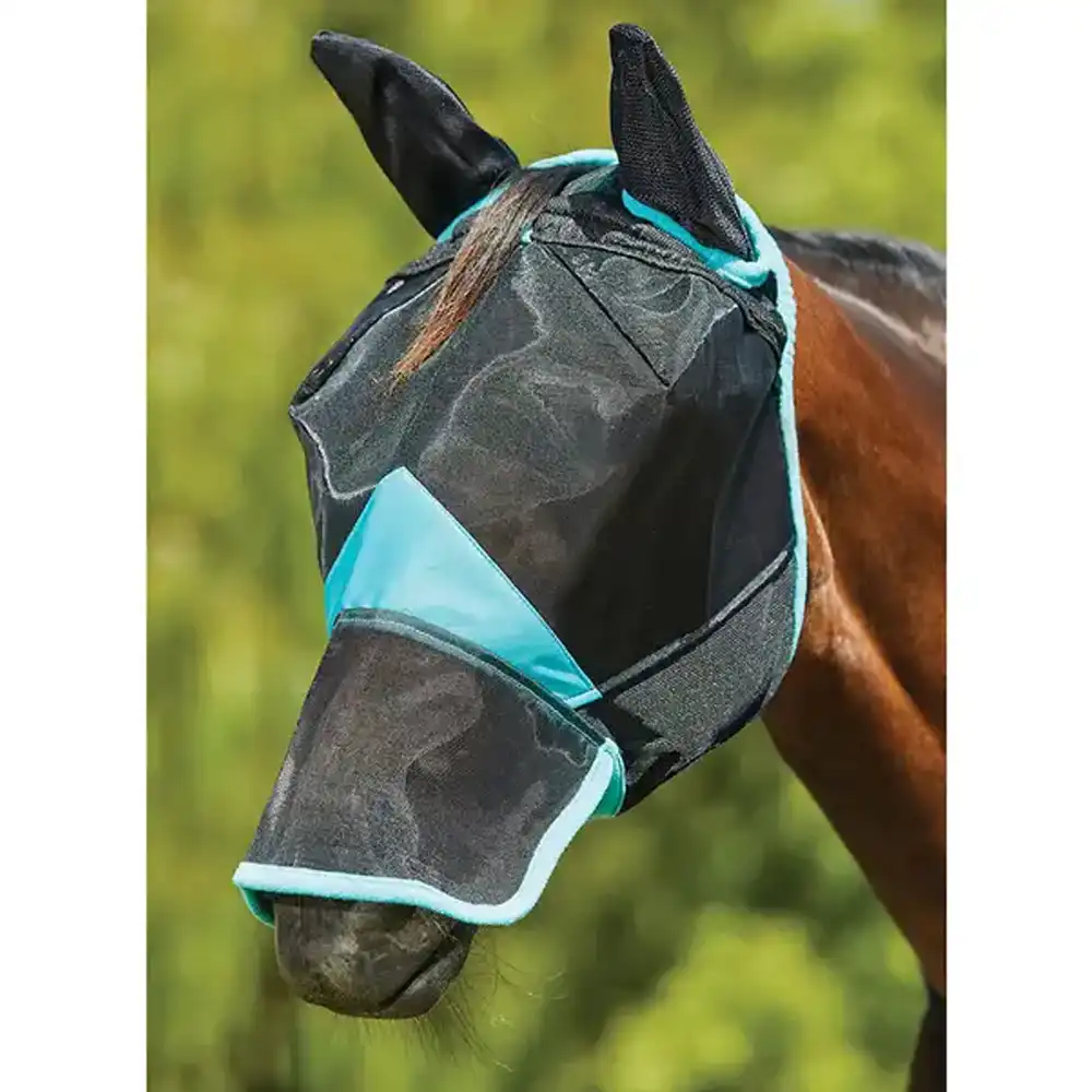 weatherbeeta comfitec mesh mask with ears and nose in turquoise and black