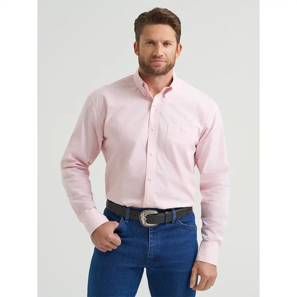 wrangler men's pink long sleeve shirt