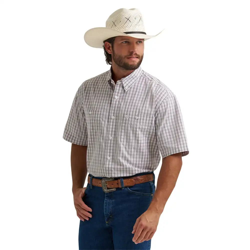 wrangler men's short sleeve shirt grey and peach