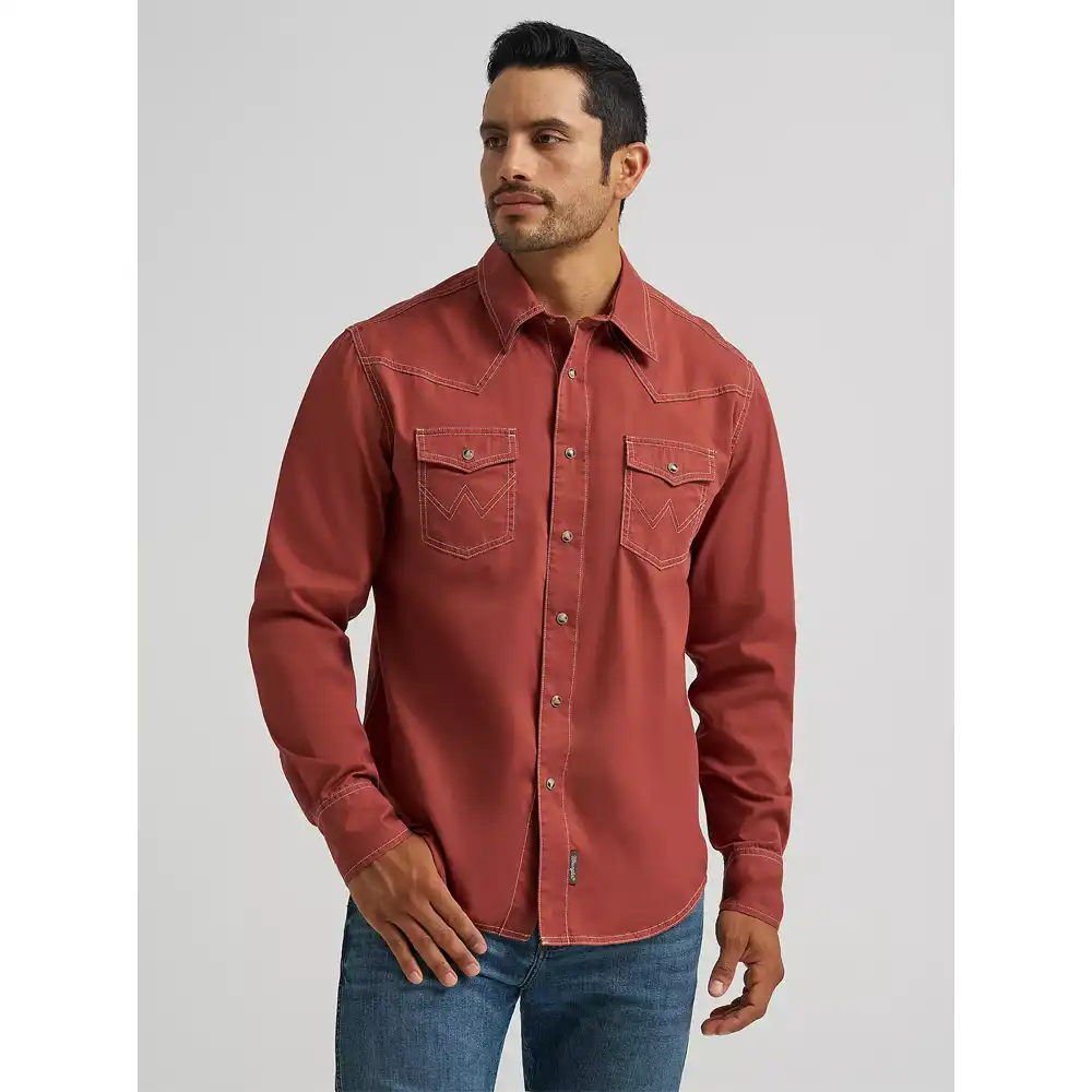 wrangler men's long sleeve shirt red clay