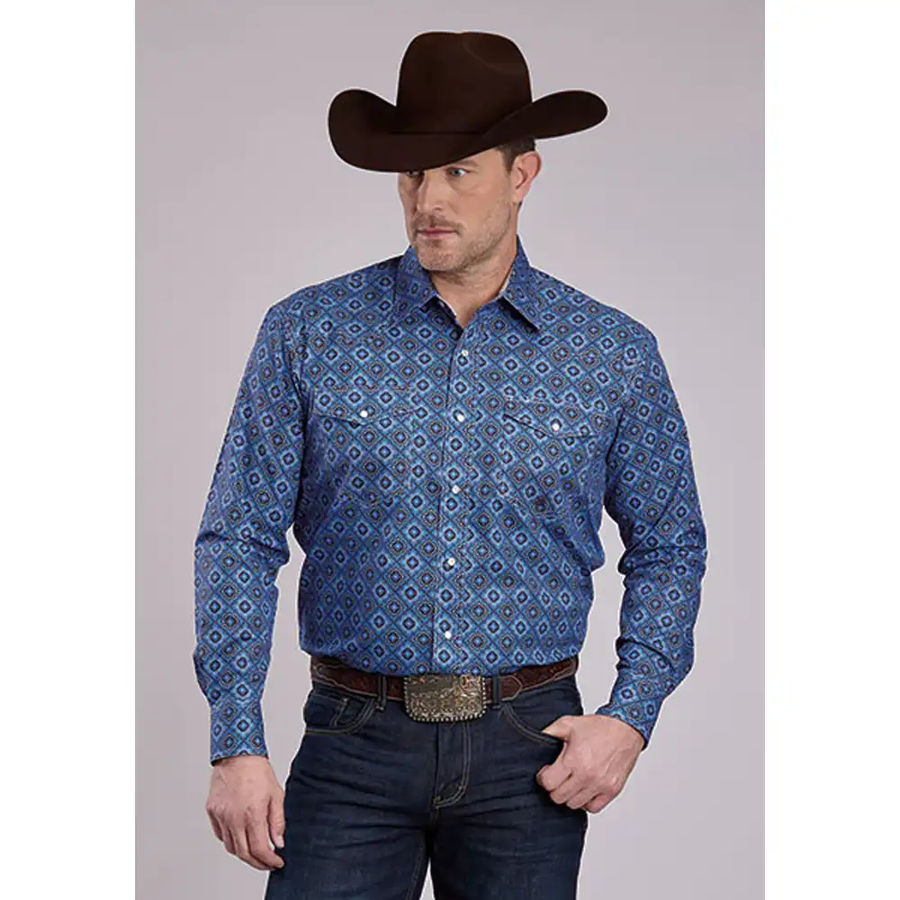 roper men's long sleeve shirt blue