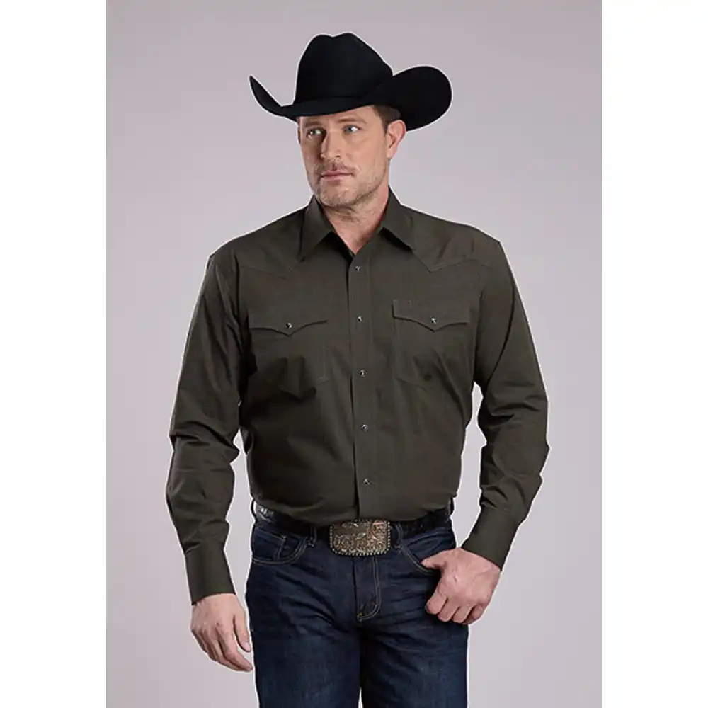 roper men's long sleeve shirt solid green