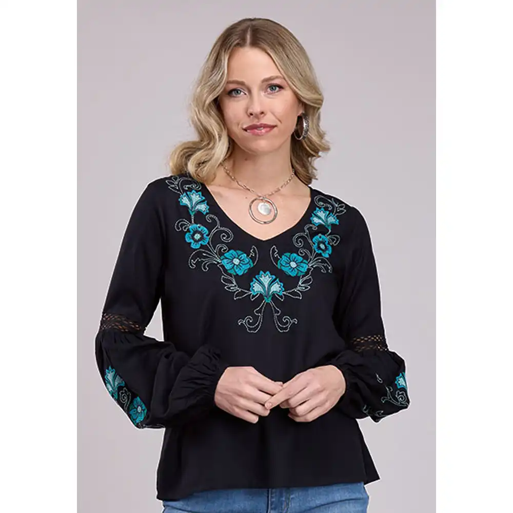 roper women's embroidered blouse black