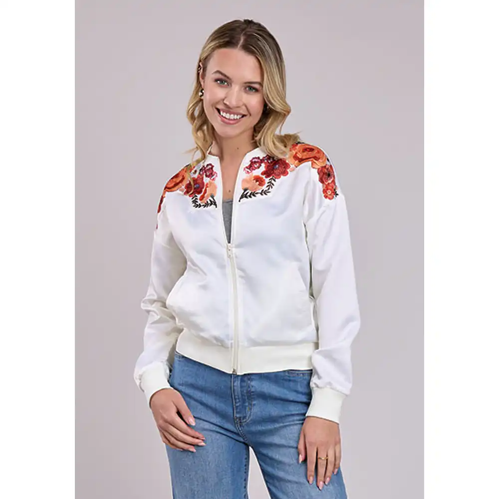 roper women's bomber jacket white satin