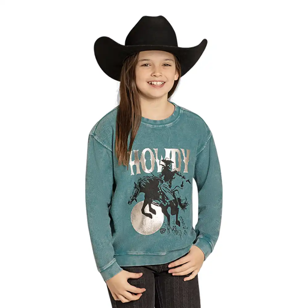 rock n roll denim girl's graphic sweater