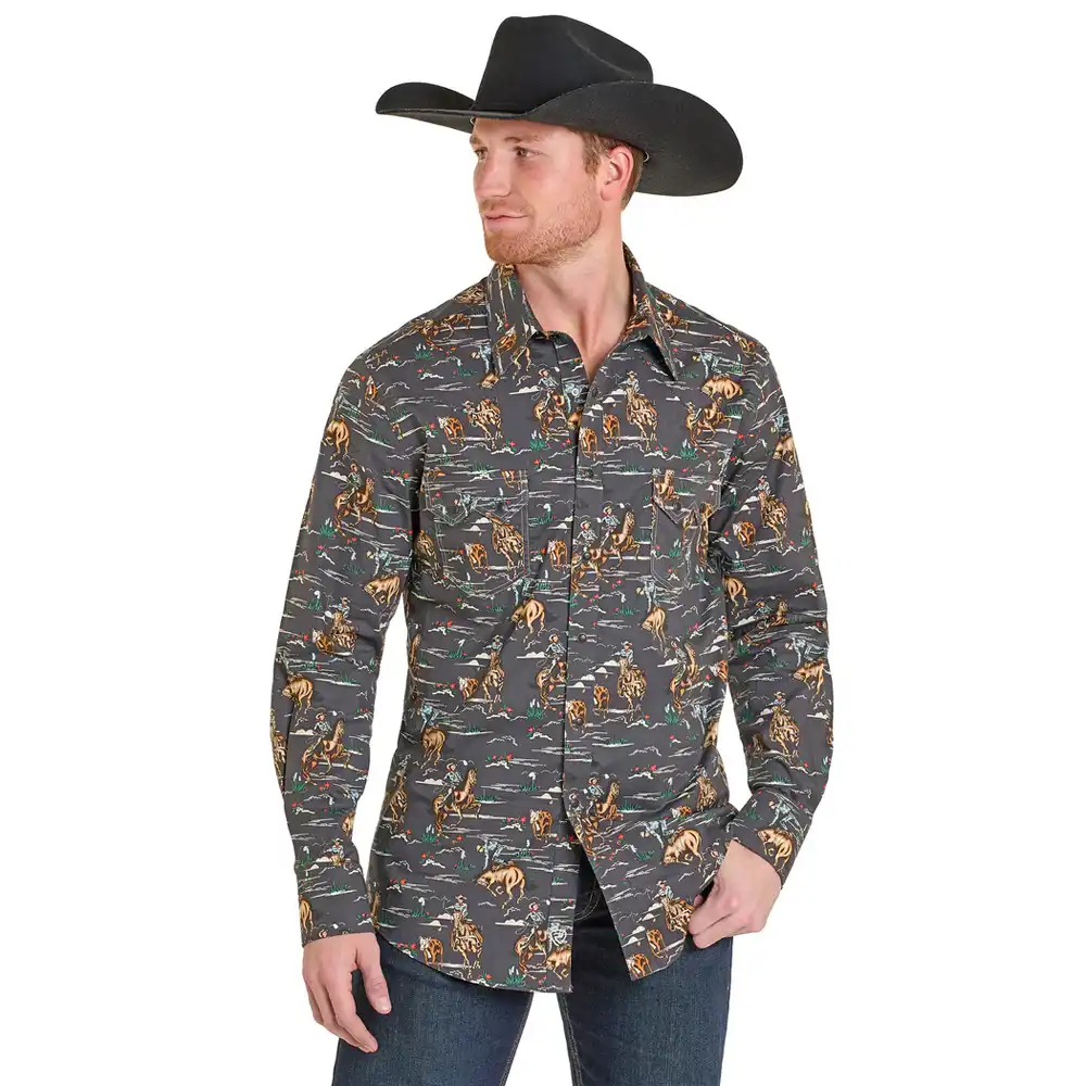 slim fit printed button up shirt rock n roll denim