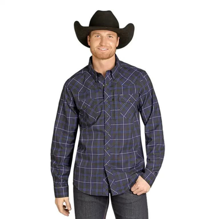 rock n roll denim men's plaid shirt dark blue