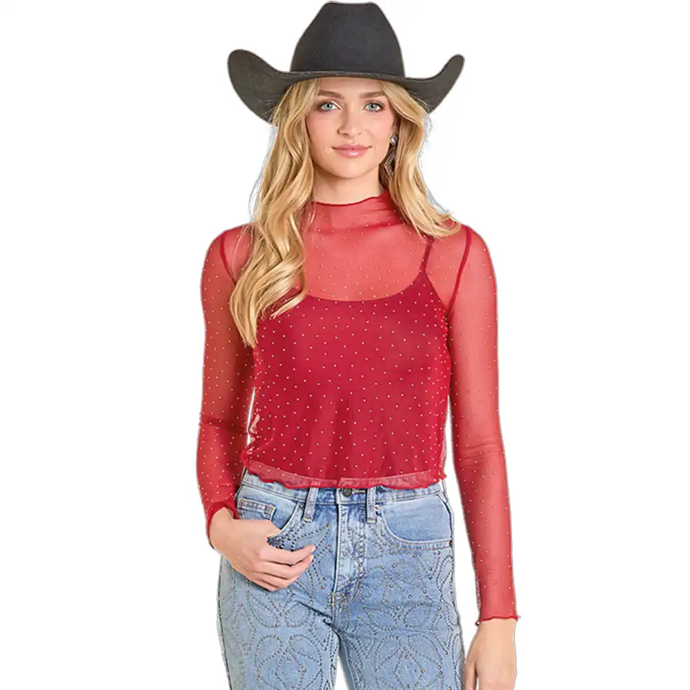 rock n roll denim women's long sleeve mesh top