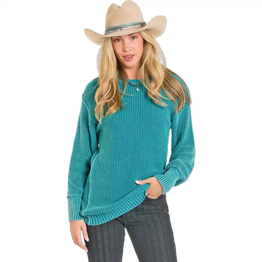 rock n roll denim turquoise sweater