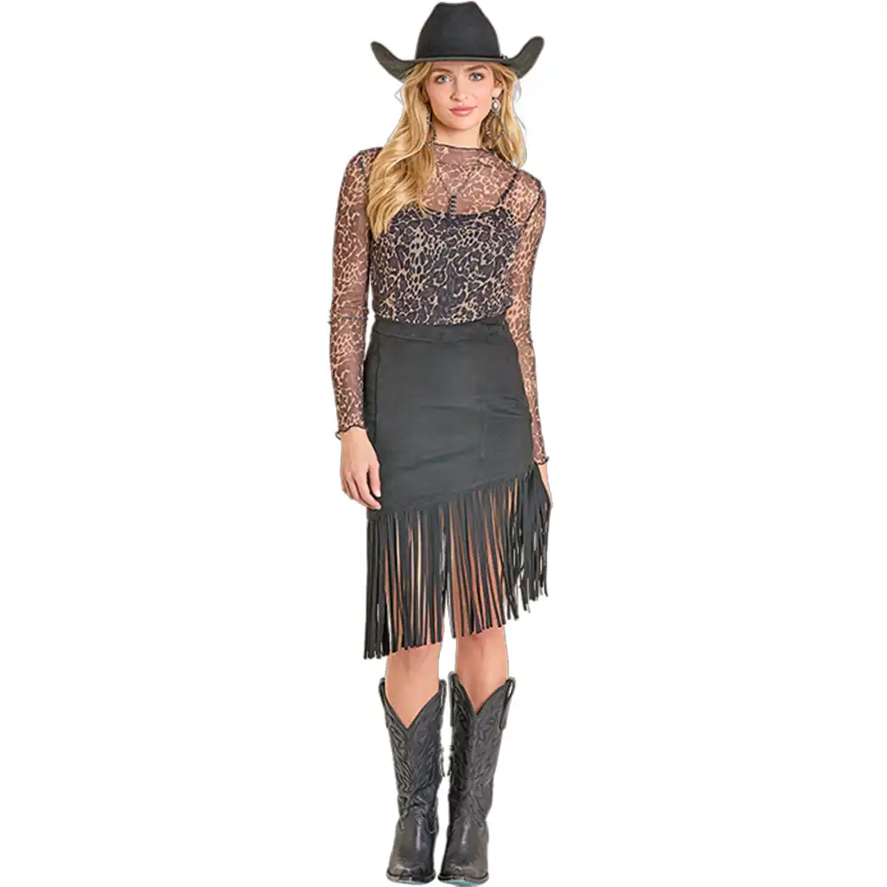 rock n roll denim fringe skirt black