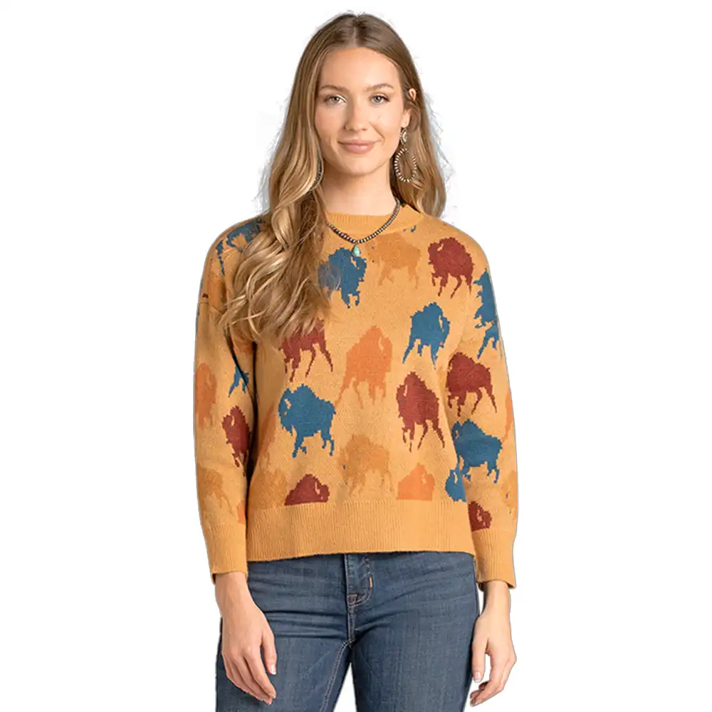 rock n roll denim buffalo print sweater
