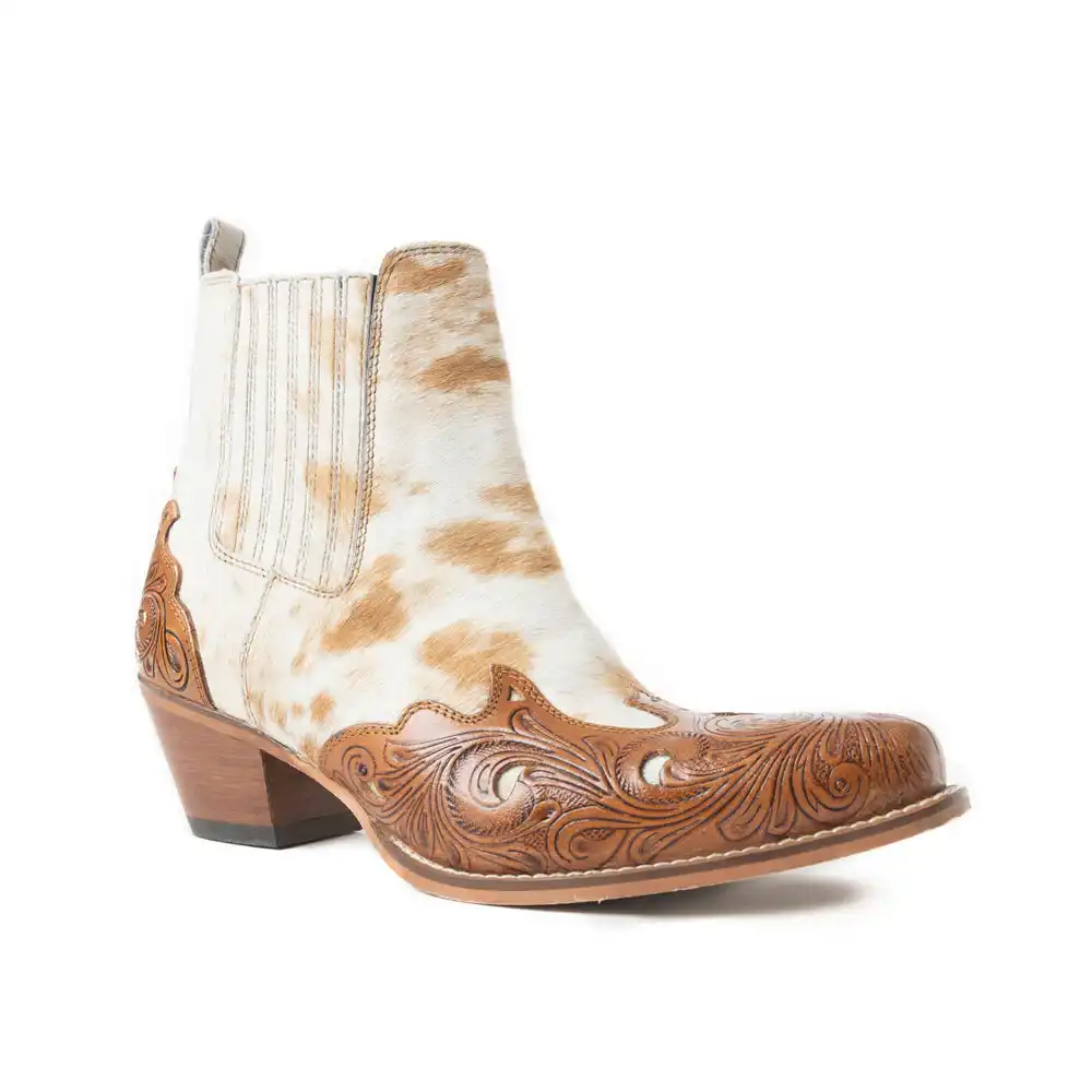 myra twin forks booties brown and white