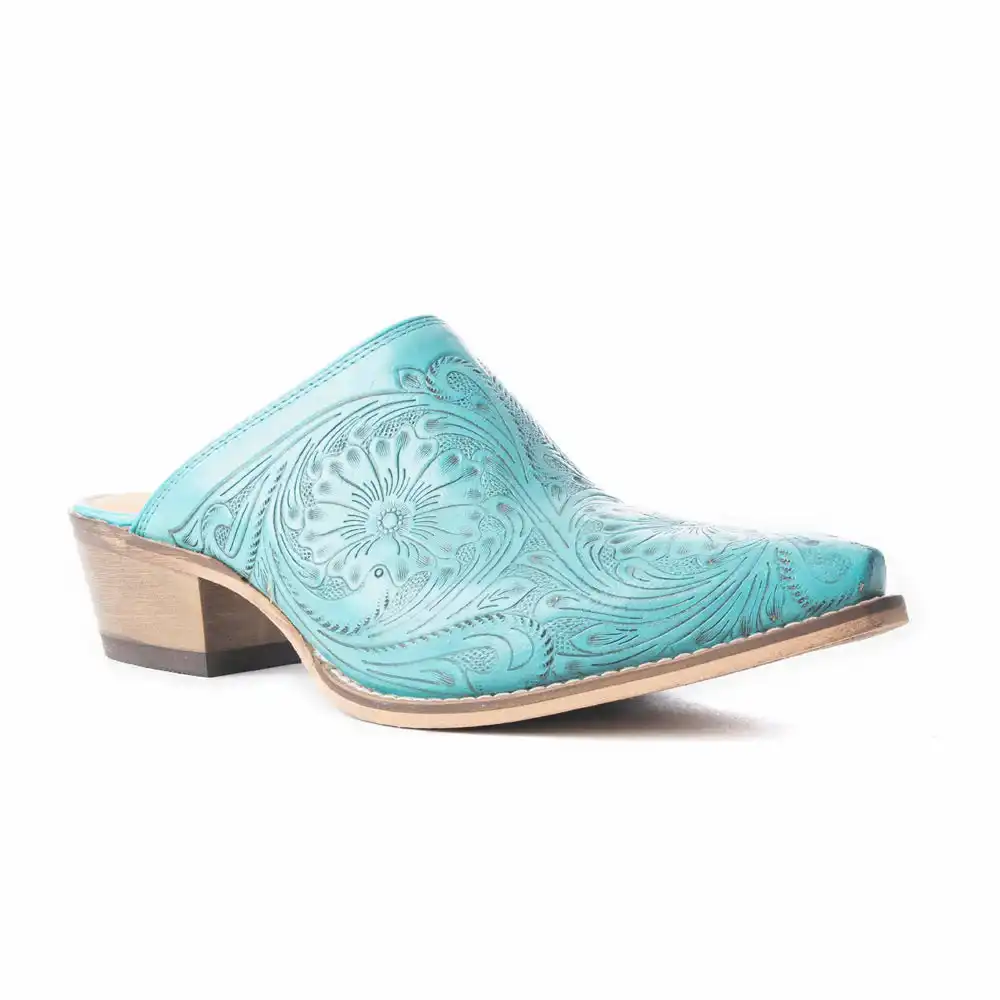 myra valeria hand tooled mules turquoise