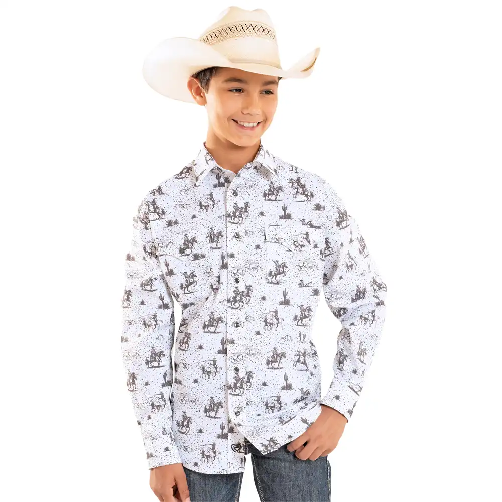 rock & roll denim boy's long sleeve shirt printed white
