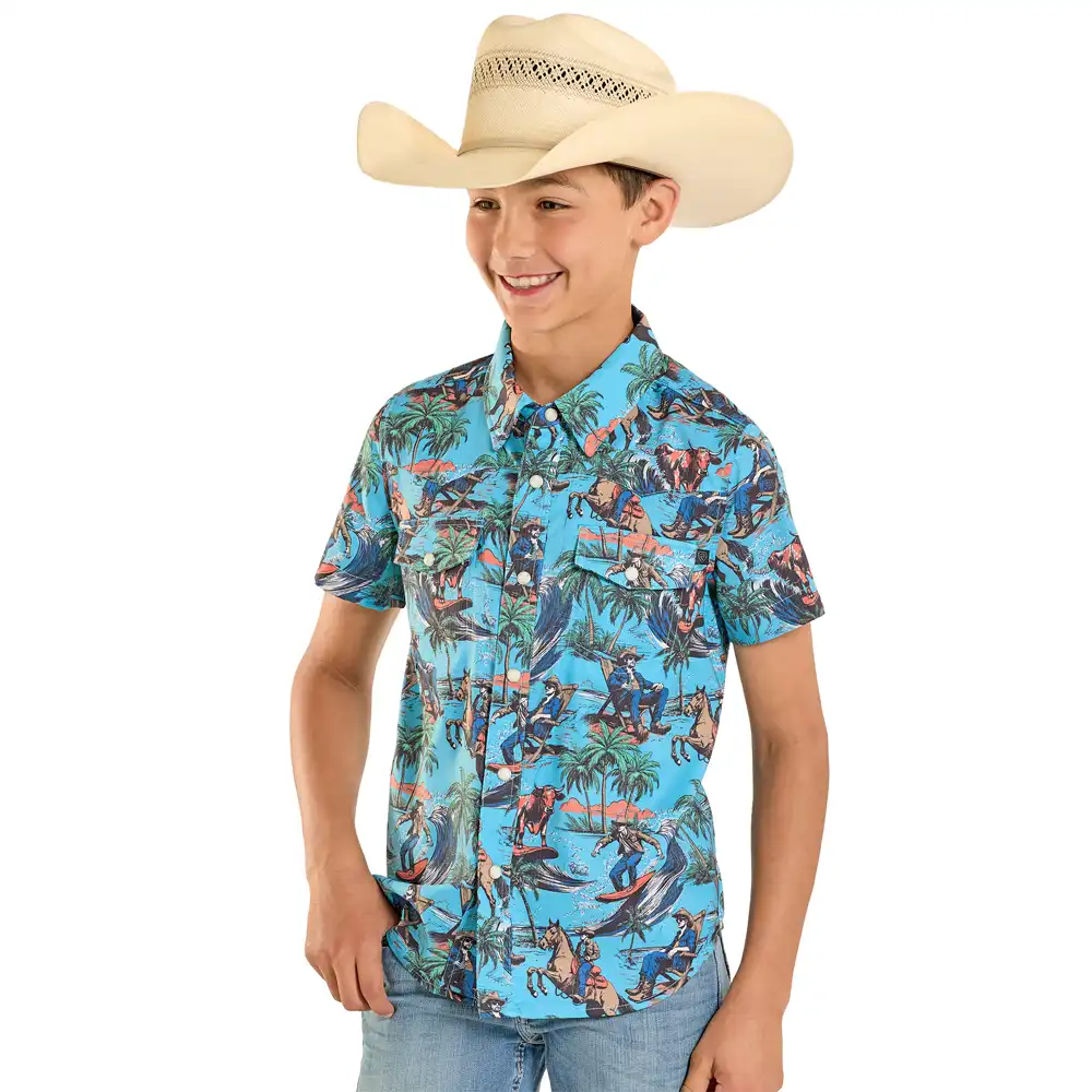 rock & roll denim boy's short sleeve shirt hang ten cowboy