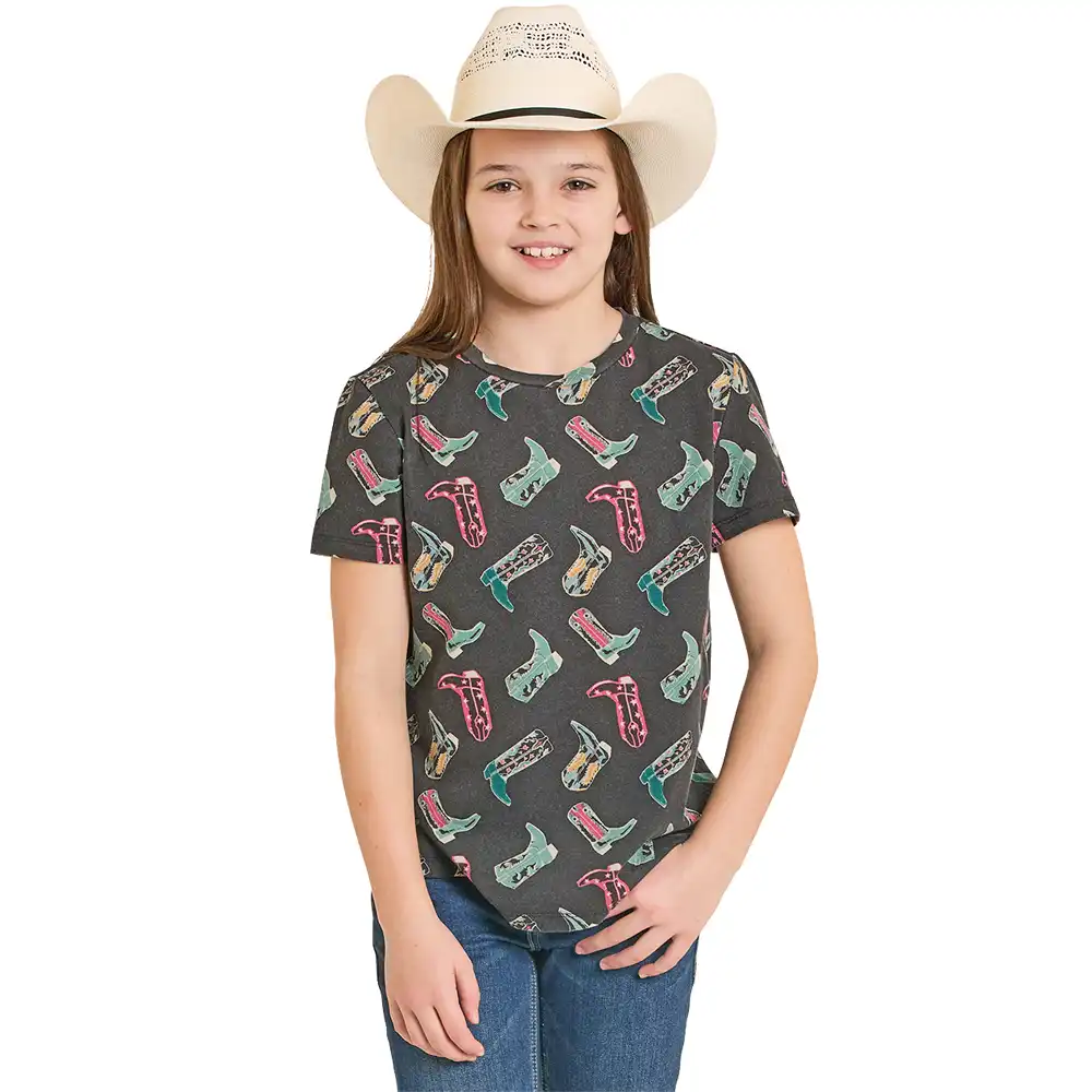 rock & roll denim girl's tee shirt boot print black
