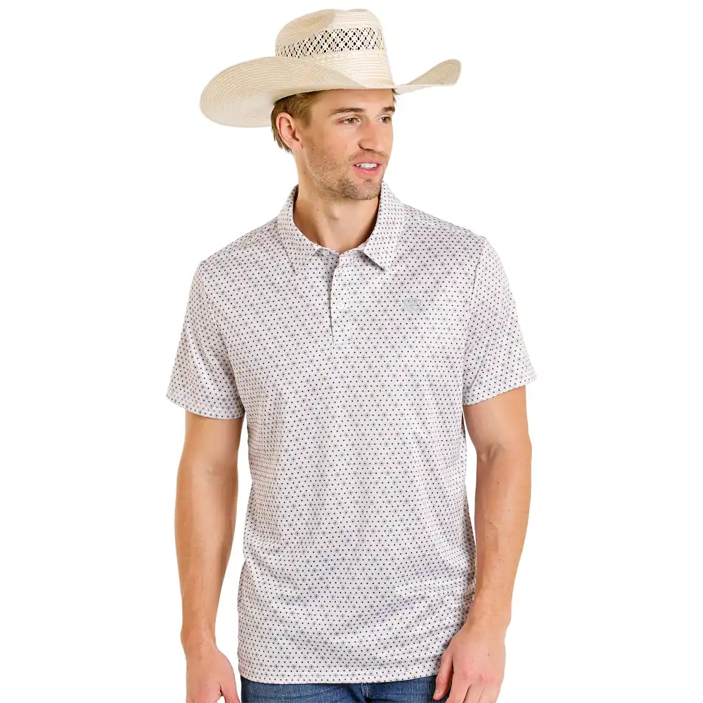 rock & roll denim men's geometric printed polo white