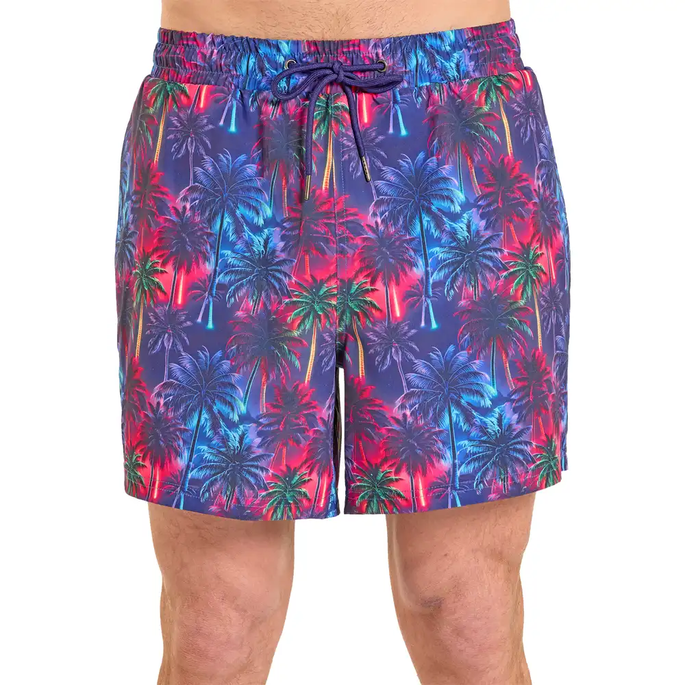 rock & roll denim men's swim short neon palm trees