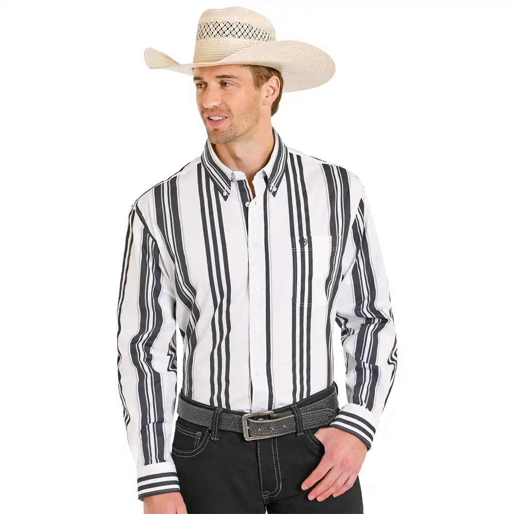 rock & roll denim men's long sleeve shirt black and white stripe