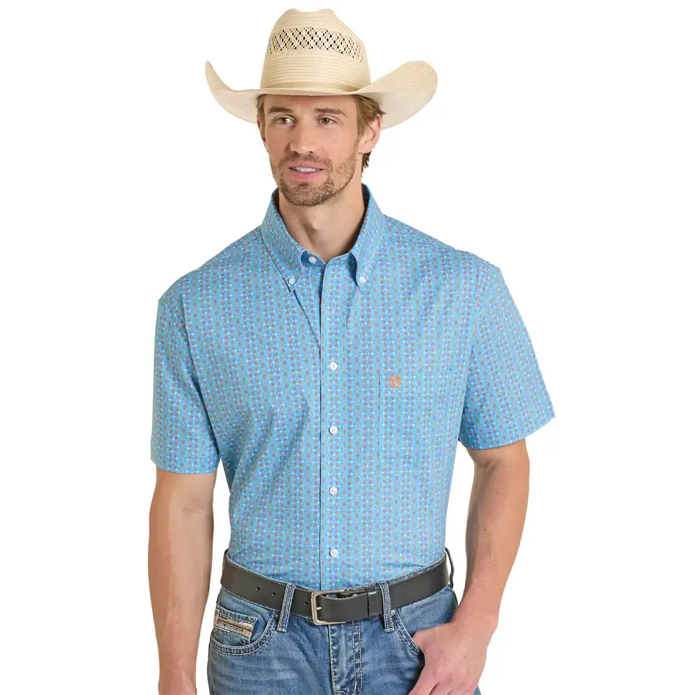 rock & roll denim men's short sleeve shirt printed aqua