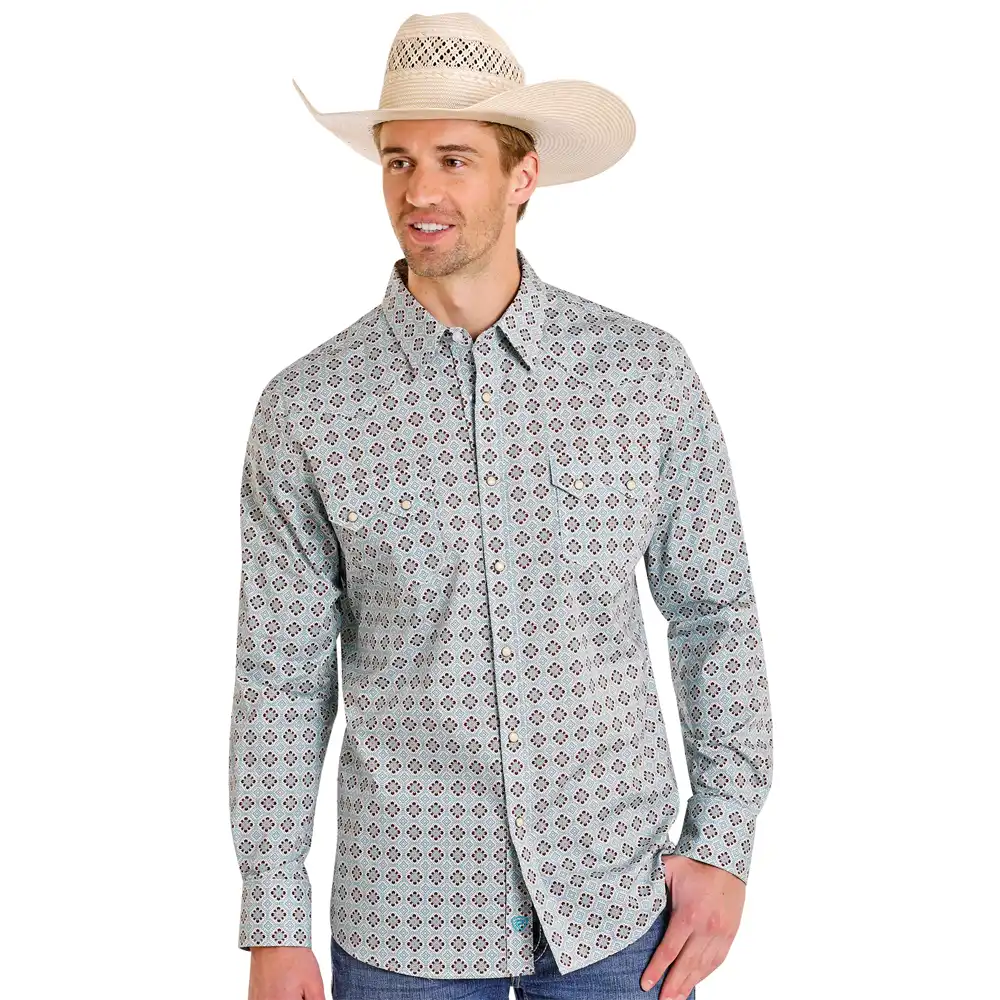 rock & roll denim men's long sleeve shirt medallion printed teal