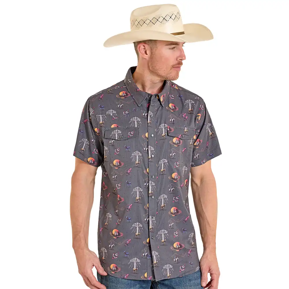 rock & roll denim men's short sleeve shirt space cowboy