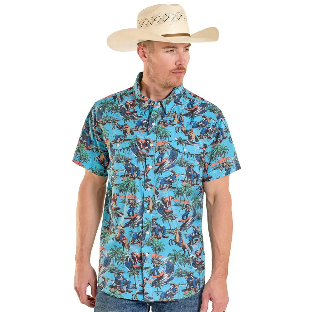 rock & roll denim men's short sleeve shirt turquoise