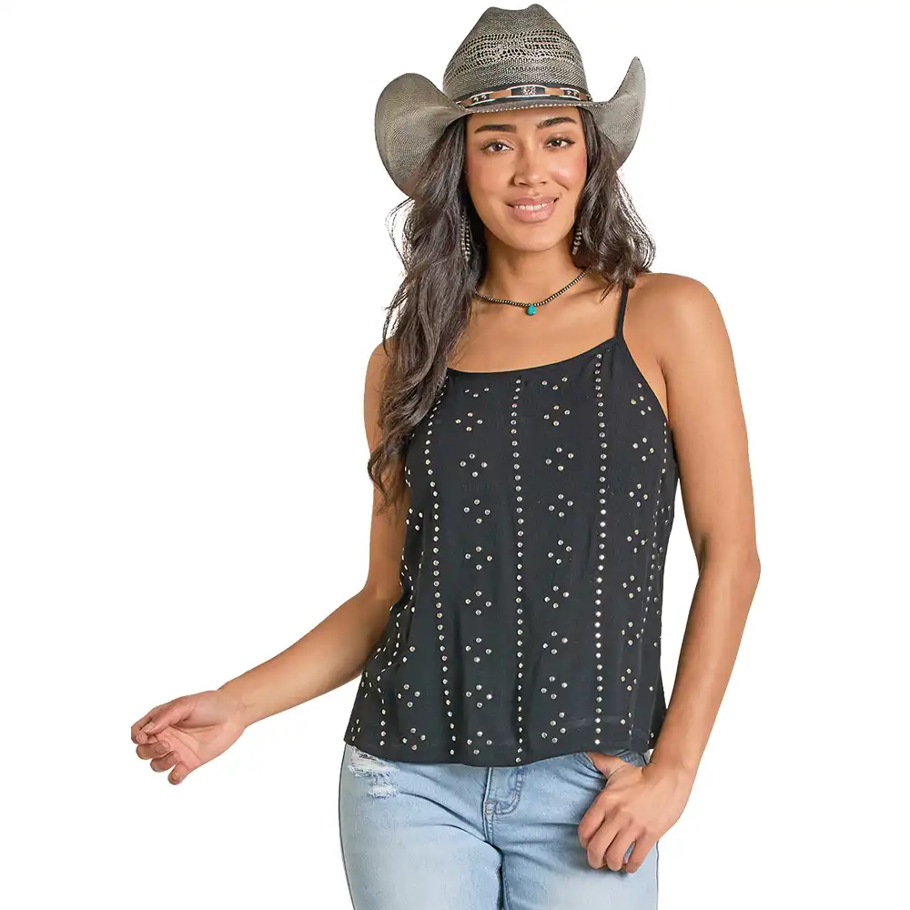 rock & roll denim studded black cami