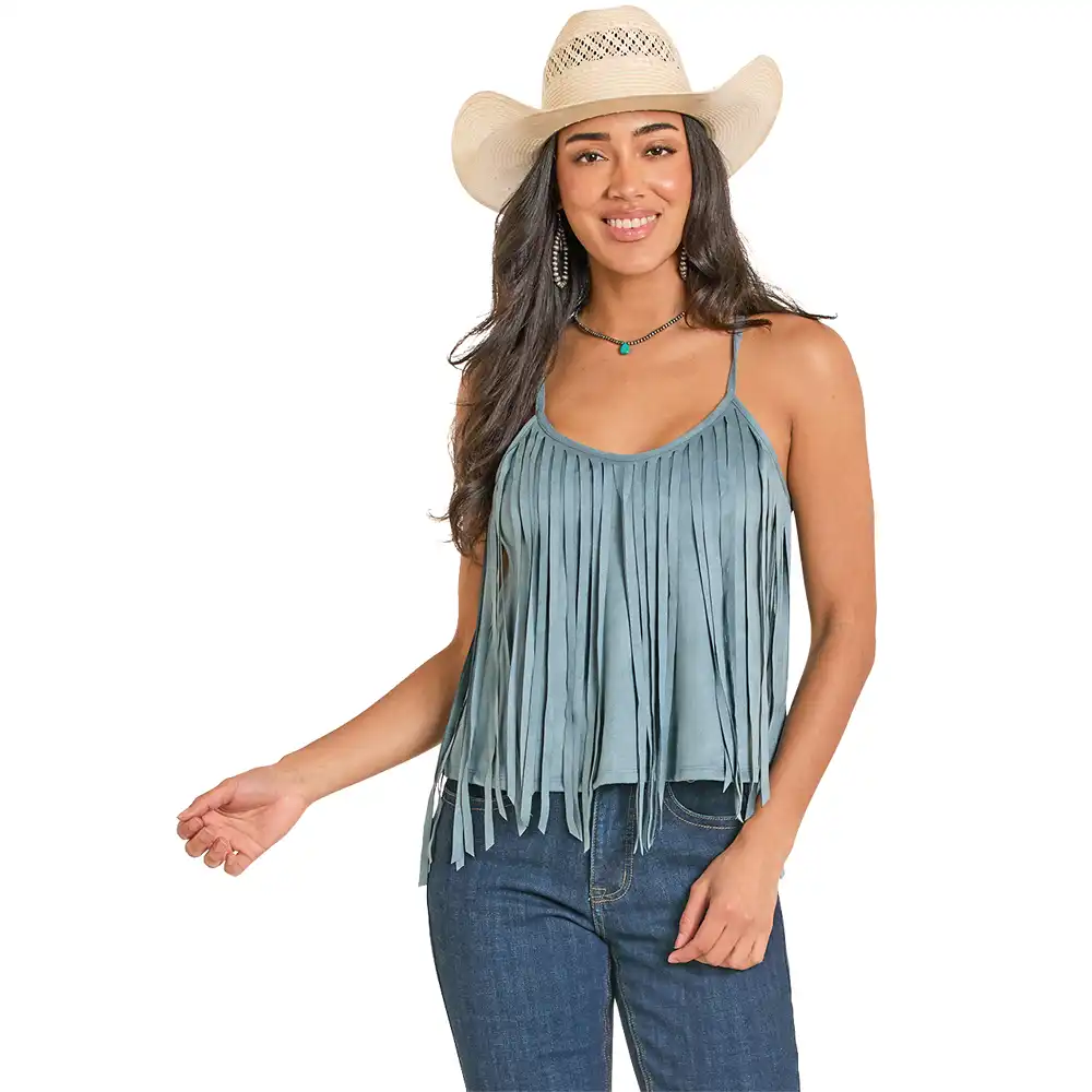 rock & roll denim women's fringe top cerulean