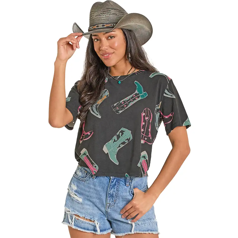 rock & roll denim women's printed tee shirt black