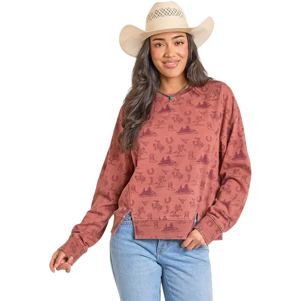 rock & roll denim women's pullover rust