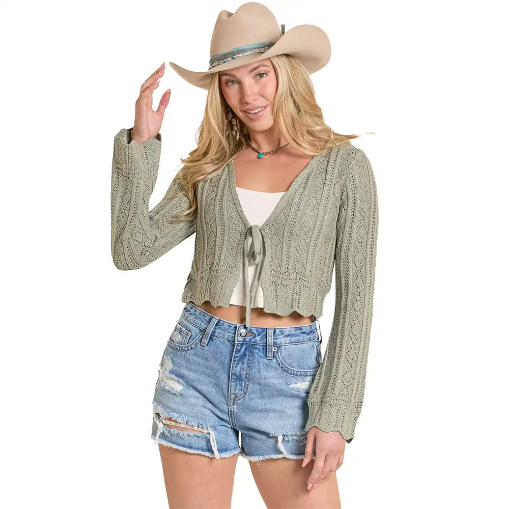 rock & roll denim women's tie front cardigan jade