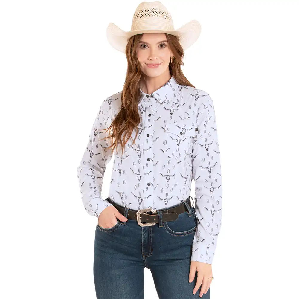 rock & roll denim women's long sleeve shirt white skulls