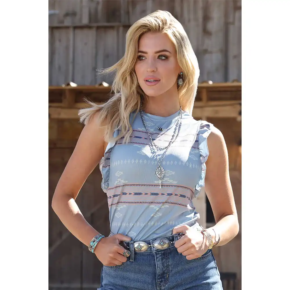 cruel denim women's ruffle sleeve top light blue