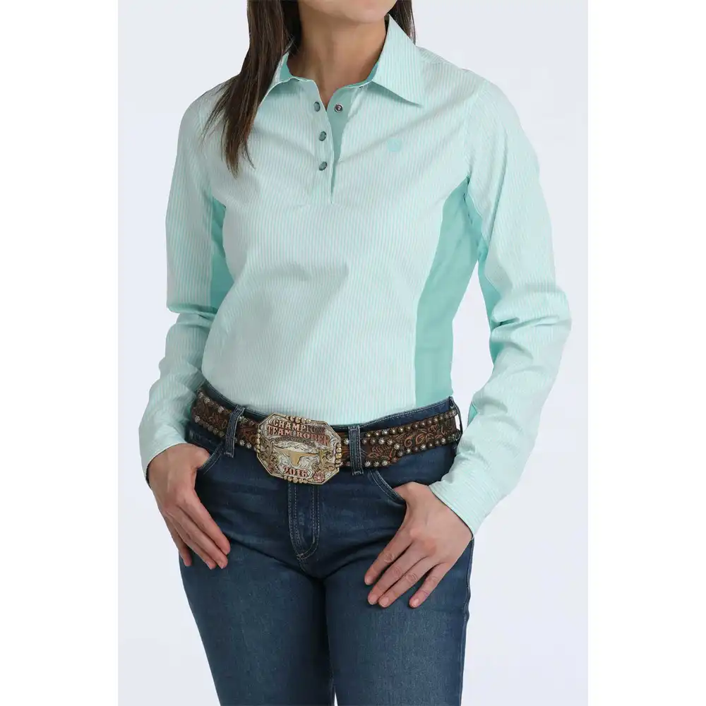 cinch women's long sleeve polo turquoise