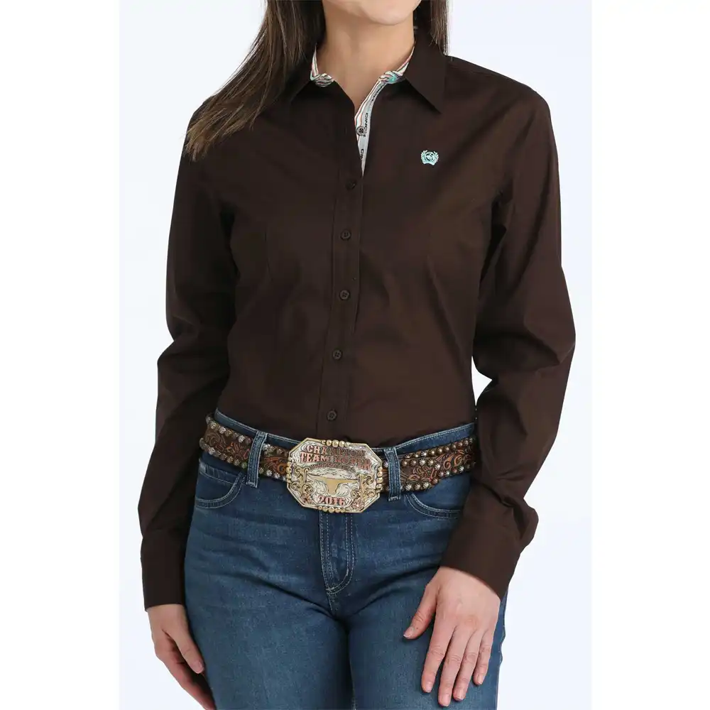 cinch women's long sleeve shirt solid brown