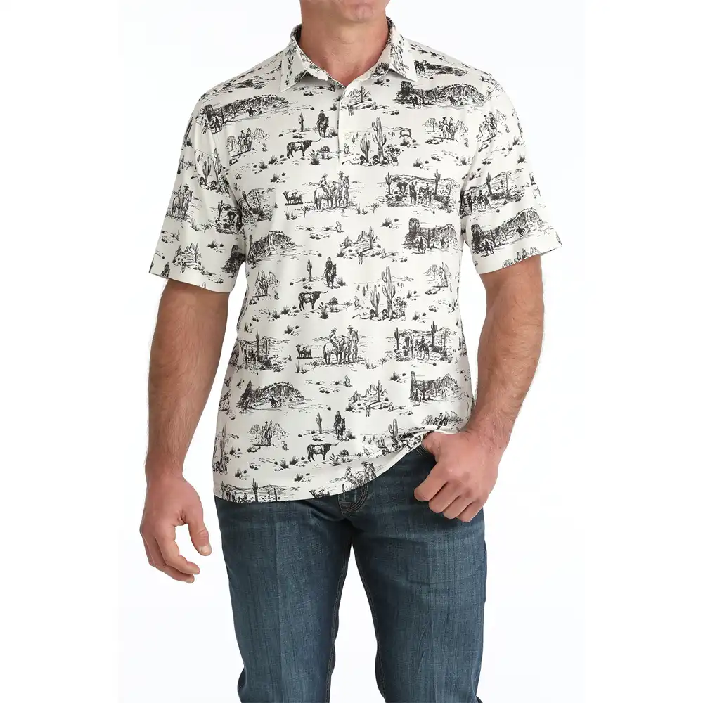 cinch men's patterned polo cream