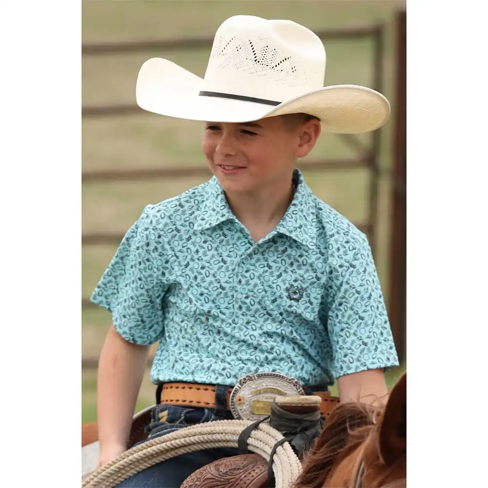 cinch boy's short sleeve shirt teal printed