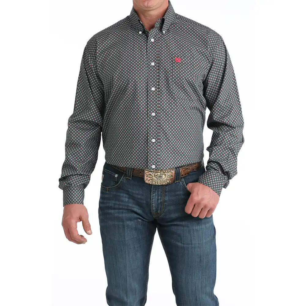 cinch men's long sleeve shirt grey and red