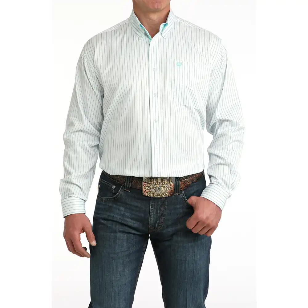 cinch men's long sleeve striped shirt white and turquoise