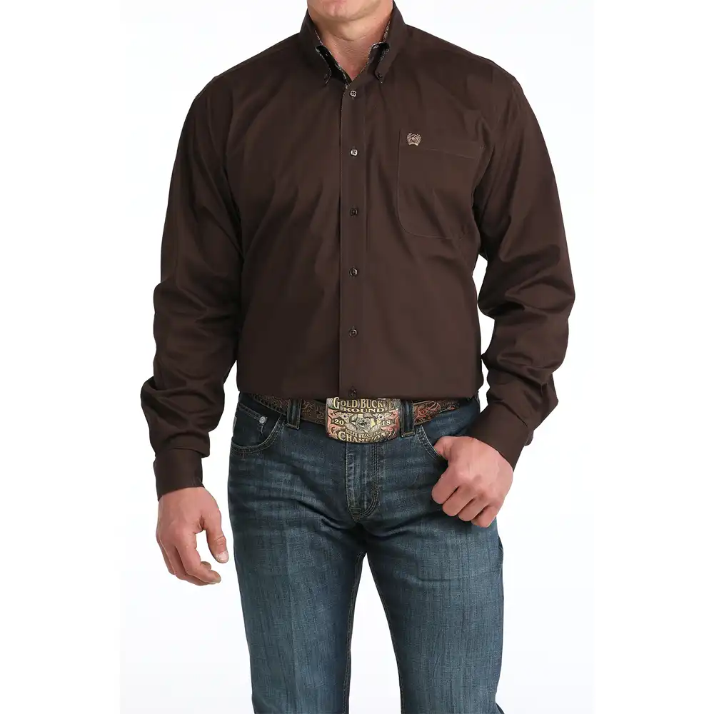 cinch men's long sleeve shirt solid brown