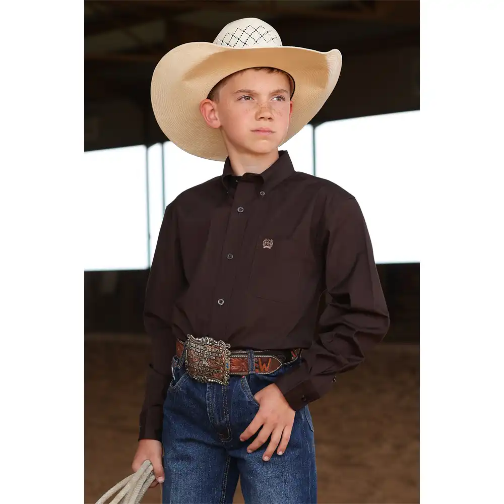 cinch boy's long sleeve shirt solid brown