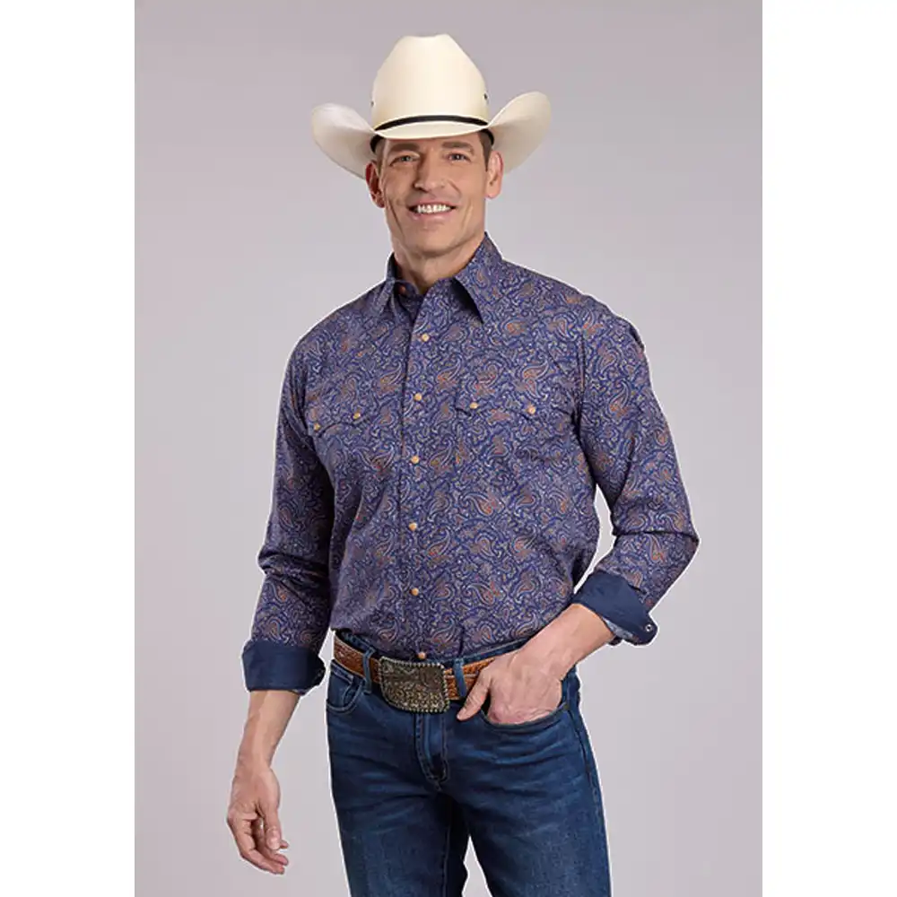 roper men's long sleeve shirt blue paisley