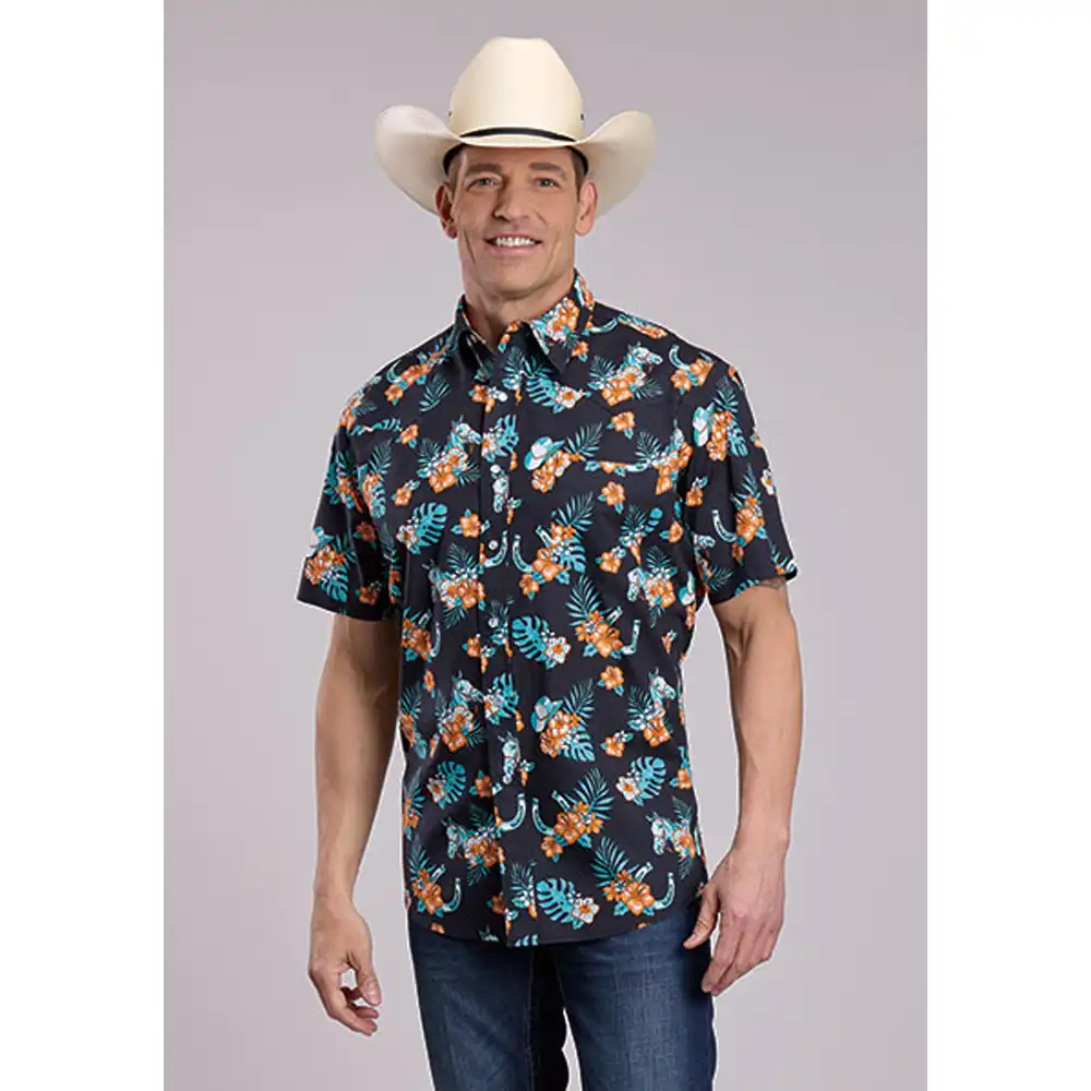 roper men's short sleeve shirt black floral