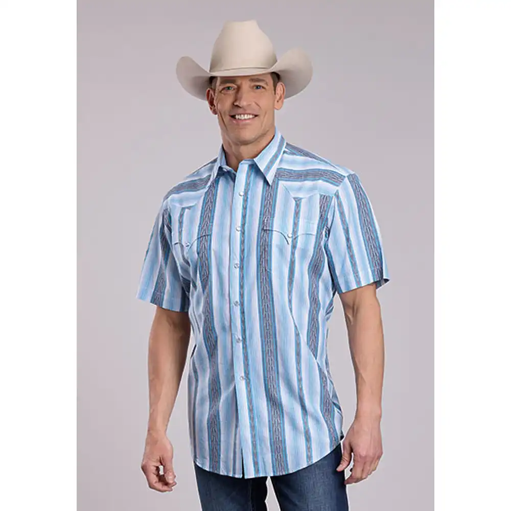 roper men's short sleeve shirt blue stripe