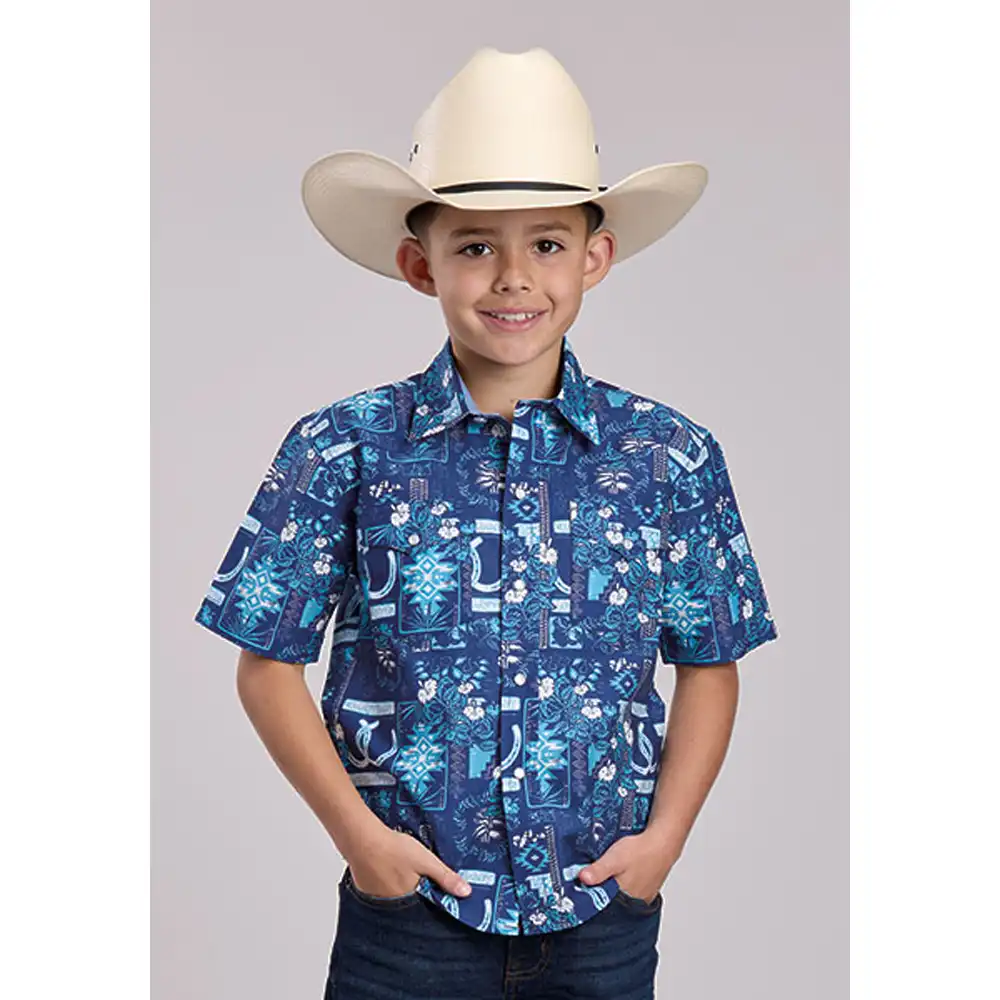 roper men's short sleeve floral shirt blue