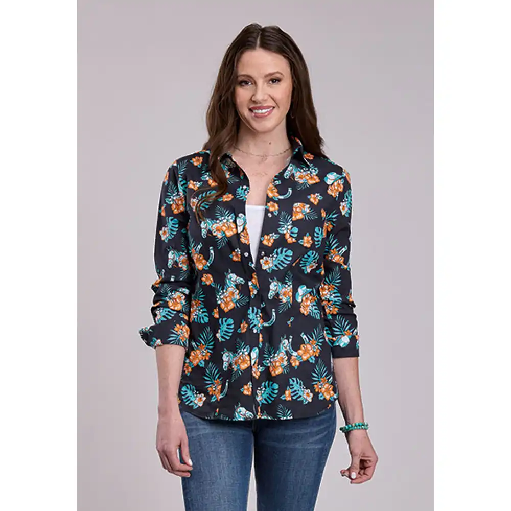roper women's long sleeve shirt black floral